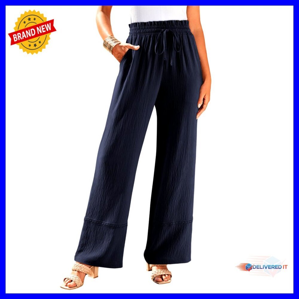 Boho Palazzo Pants High Waisted Wide Leg Lace Design Drawstring Casual Wear